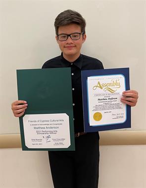 Matthew Anderson Selected as a Performing Arts Scholarship Winner