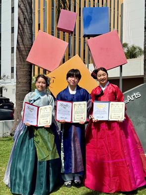 Brent Cho, Arabella Kim, and Yesoul Kim participated in statewide and international cultural events and fashion shows to promote Hanbok, the traditional Korean attire, designed by renowned Hanbok designer, Kim Ji-won