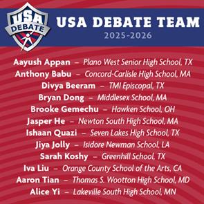 Iva Liu was named to represent the USA National Debate Team