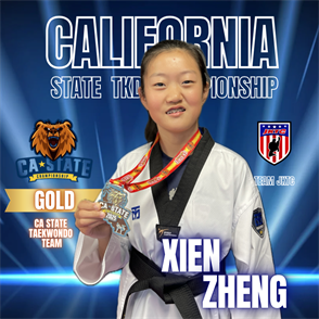 Xien Zheng won the 2025 California State Taekwondo Championship in the Female Cadet Black Belt 41kg category